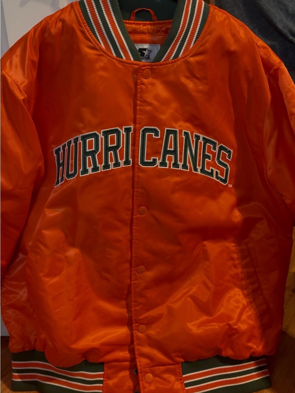 STARTER Orange Hurricanes Satin Bomber Jacket with Green Trim